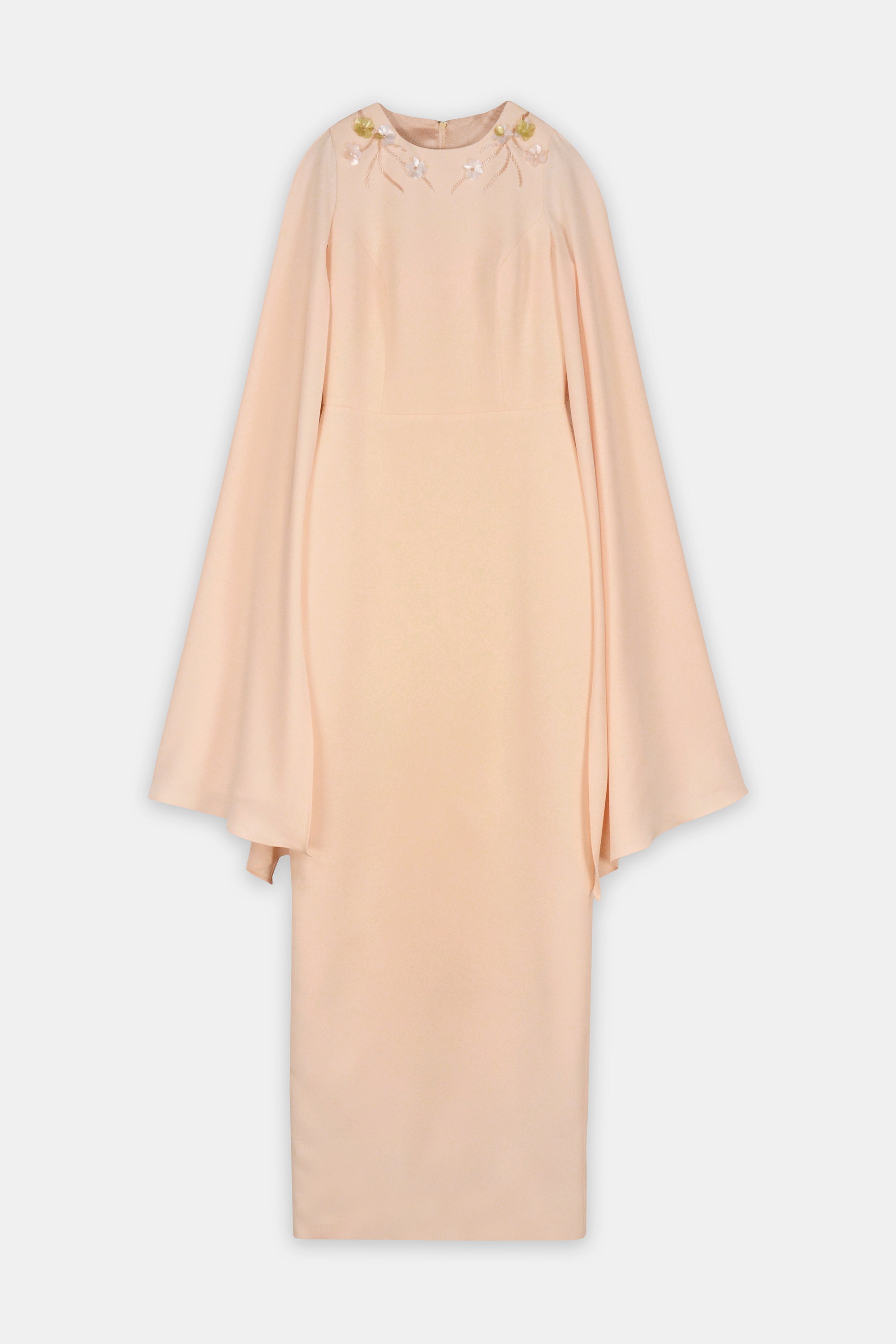 Embellished Cape-Sleeve Gown Nude