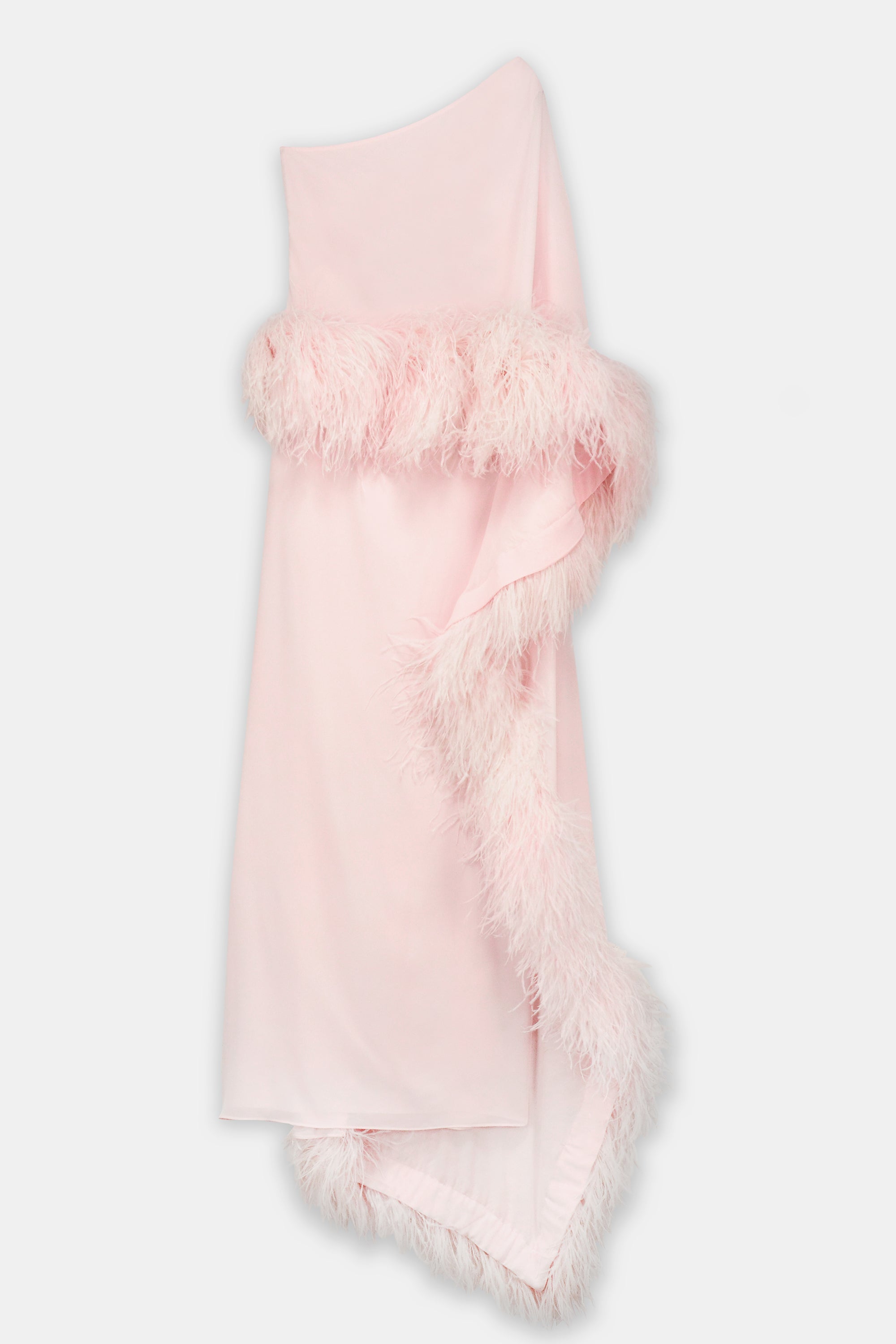 Feather Trim One Shoulder Dress Light Pink