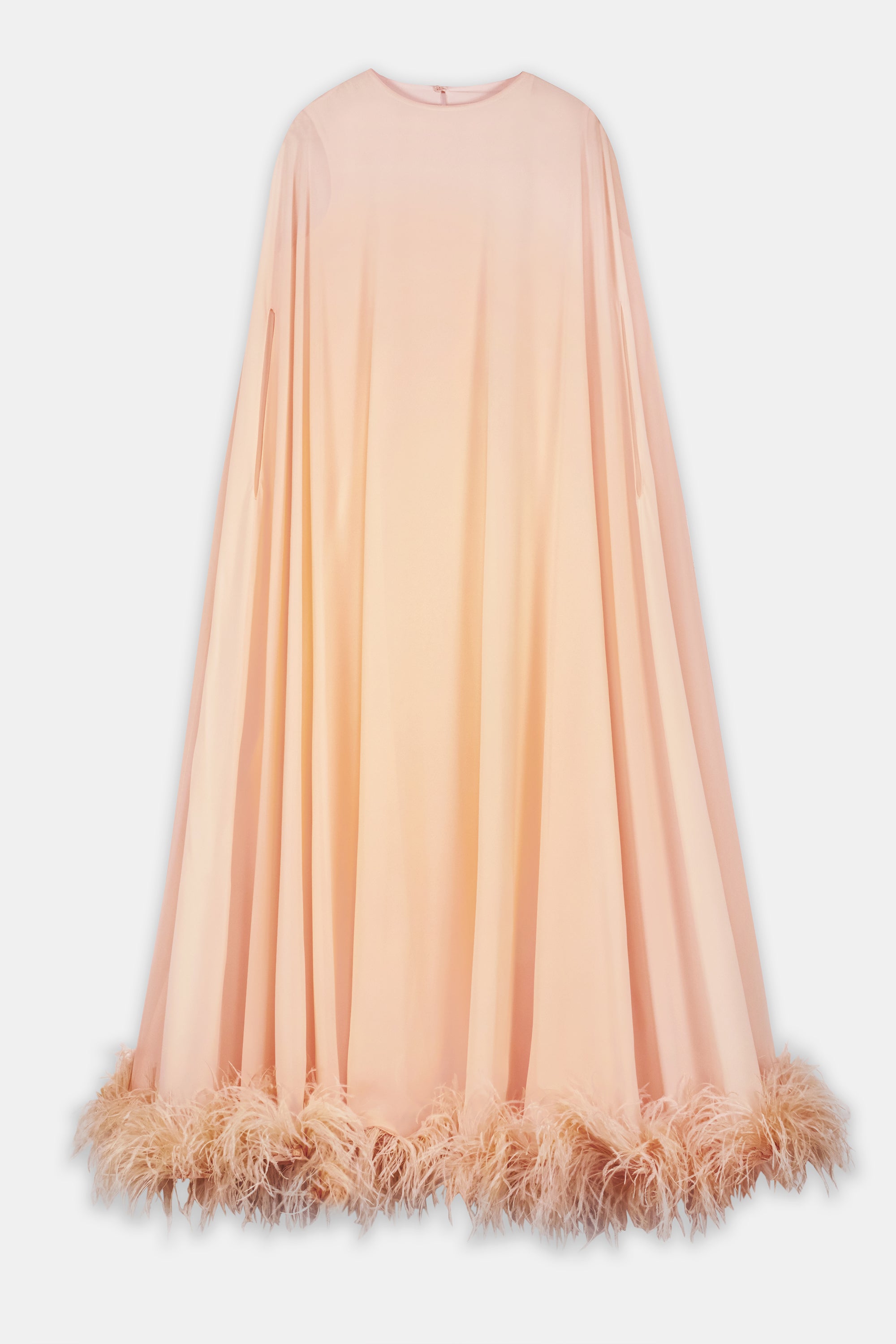 Feather-Hem Cape Maxi Dress Peach