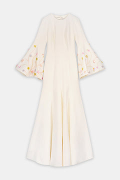 Embellished Bell-Sleeve Crepe Gown White