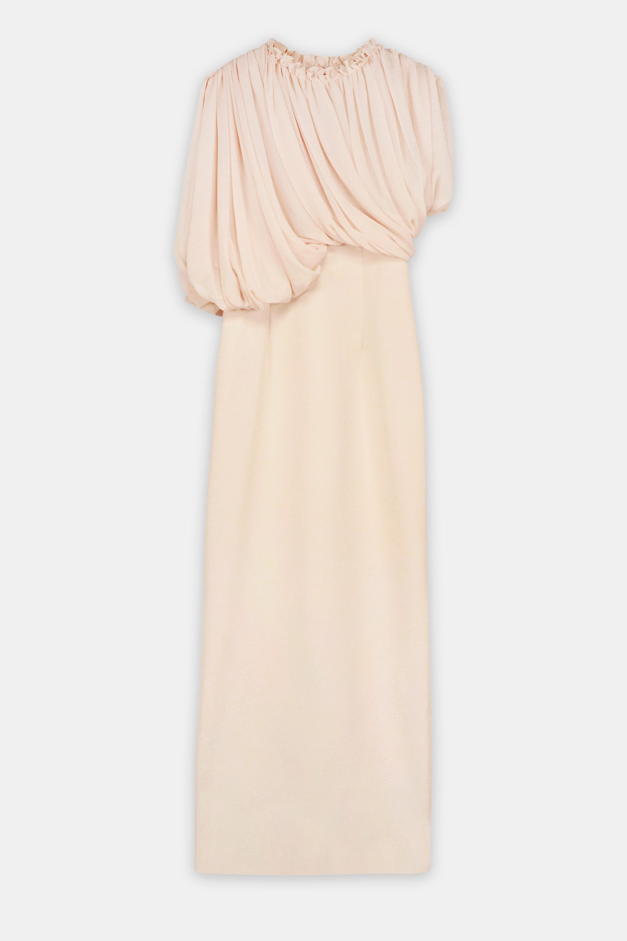 Draped Chiffon Bodice Crepe Column Gown Offwhite