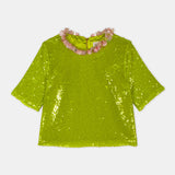 Nean Sequin Floral Collar Top Light Green