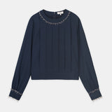 Embellished-Neck Pleated Blouse