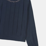 Embellished-Neck Pleated Blouse