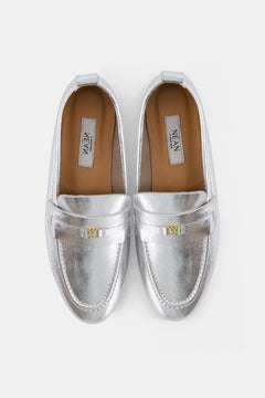 Nean Leather Metallic Embellished Charms Loafers Silver