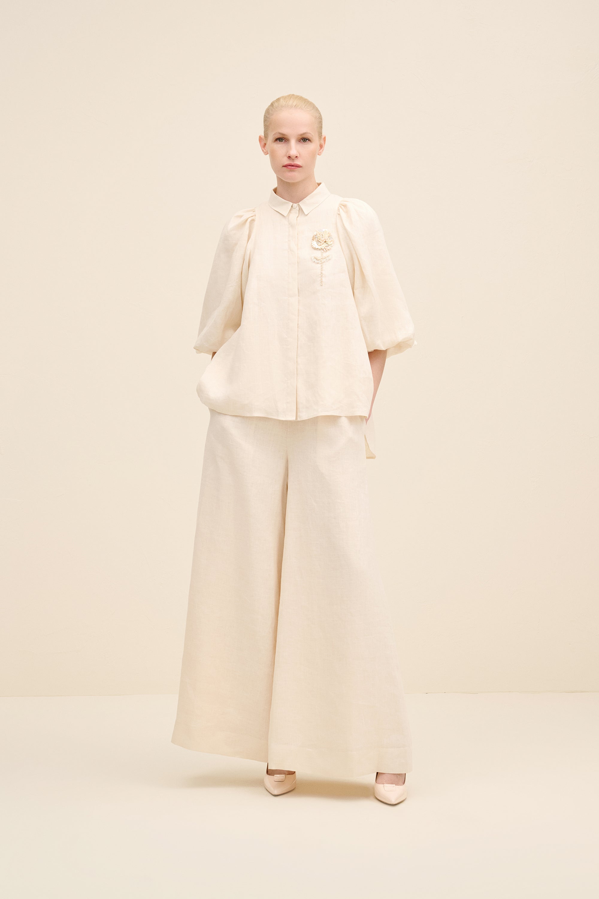 Linen Puff-Sleeve Blouse