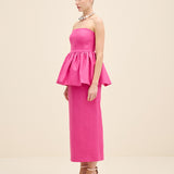 Strapless Peplum Linen Midi Dress