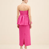 Strapless Peplum Linen Midi Dress