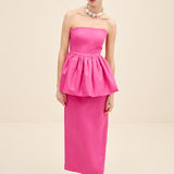 Strapless Peplum Linen Midi Dress