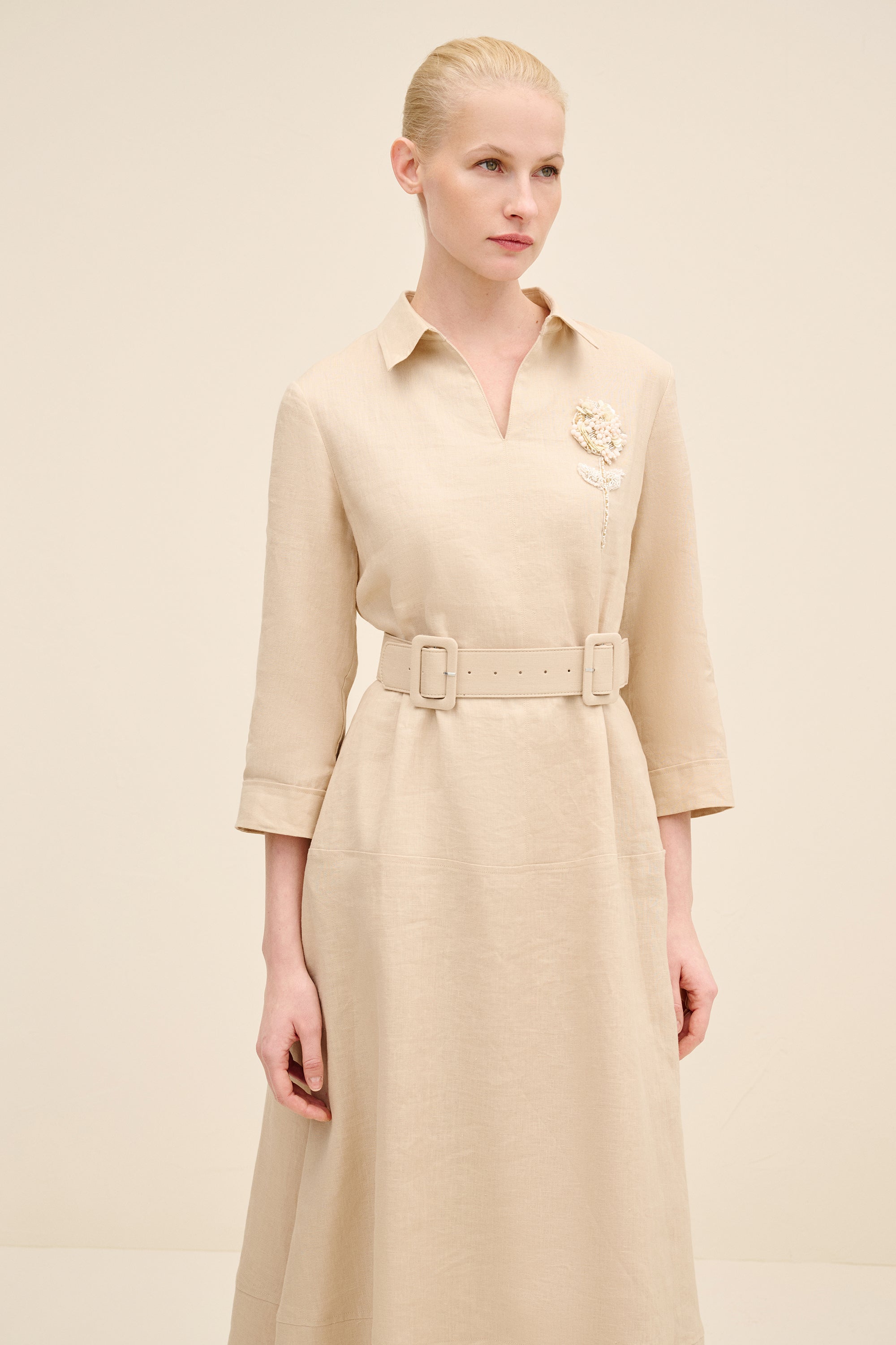 Belted Linen Midi Dress