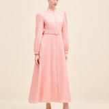 Belted Buttoned Linen Midi Dress