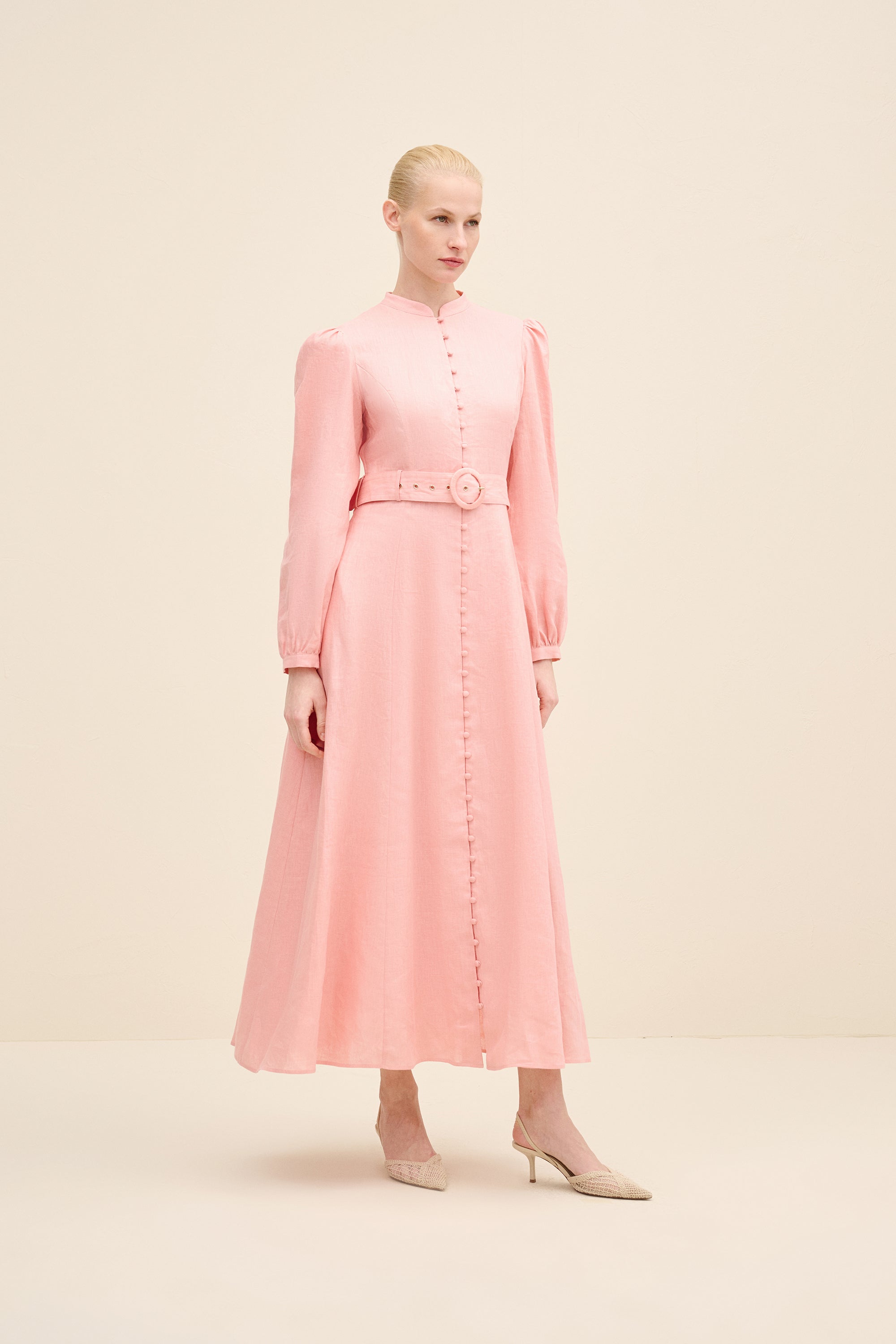 Belted Buttoned Linen Midi Dress