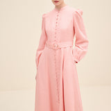 Belted Buttoned Linen Midi Dress