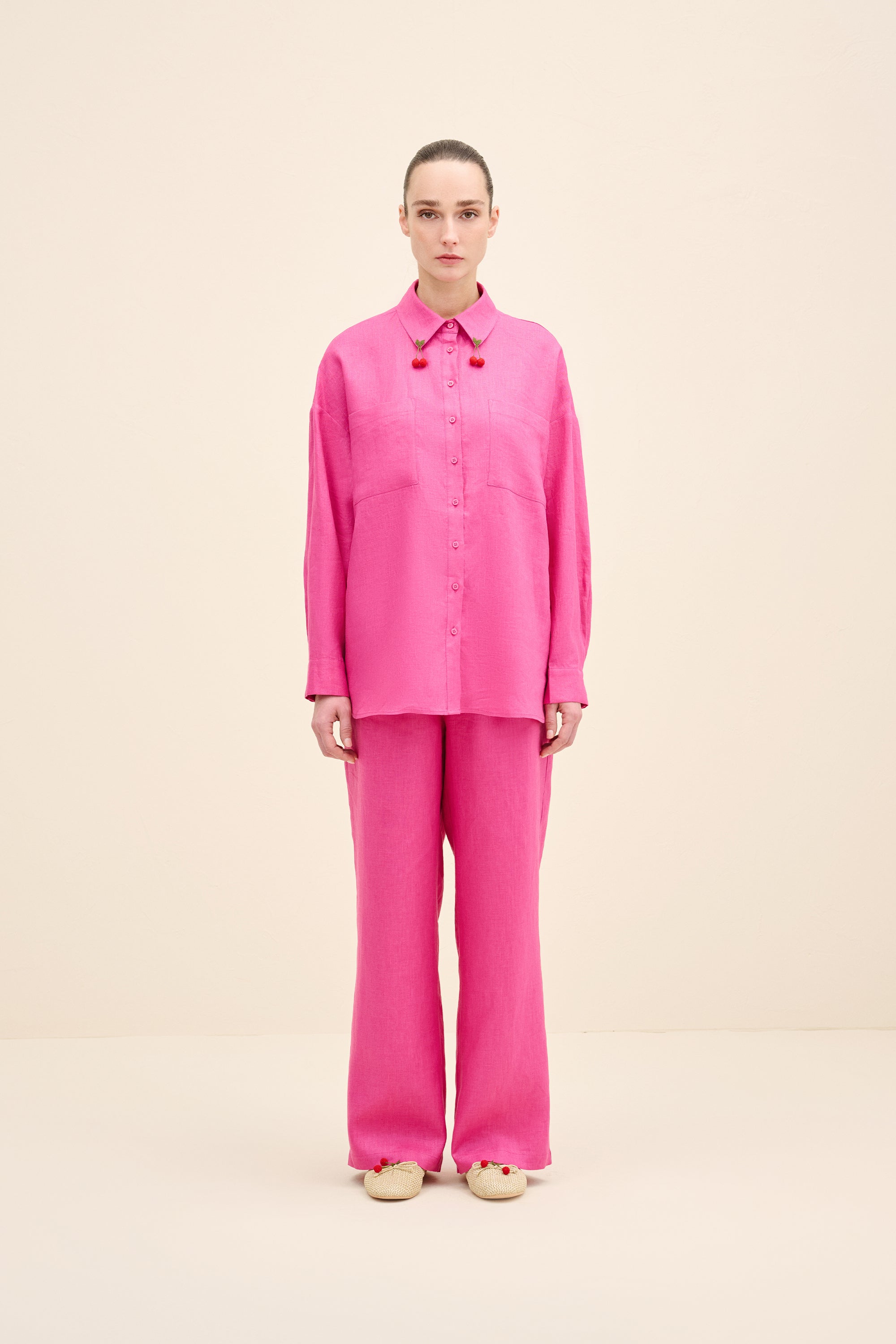 Cherry-Needlework Linen Shirt