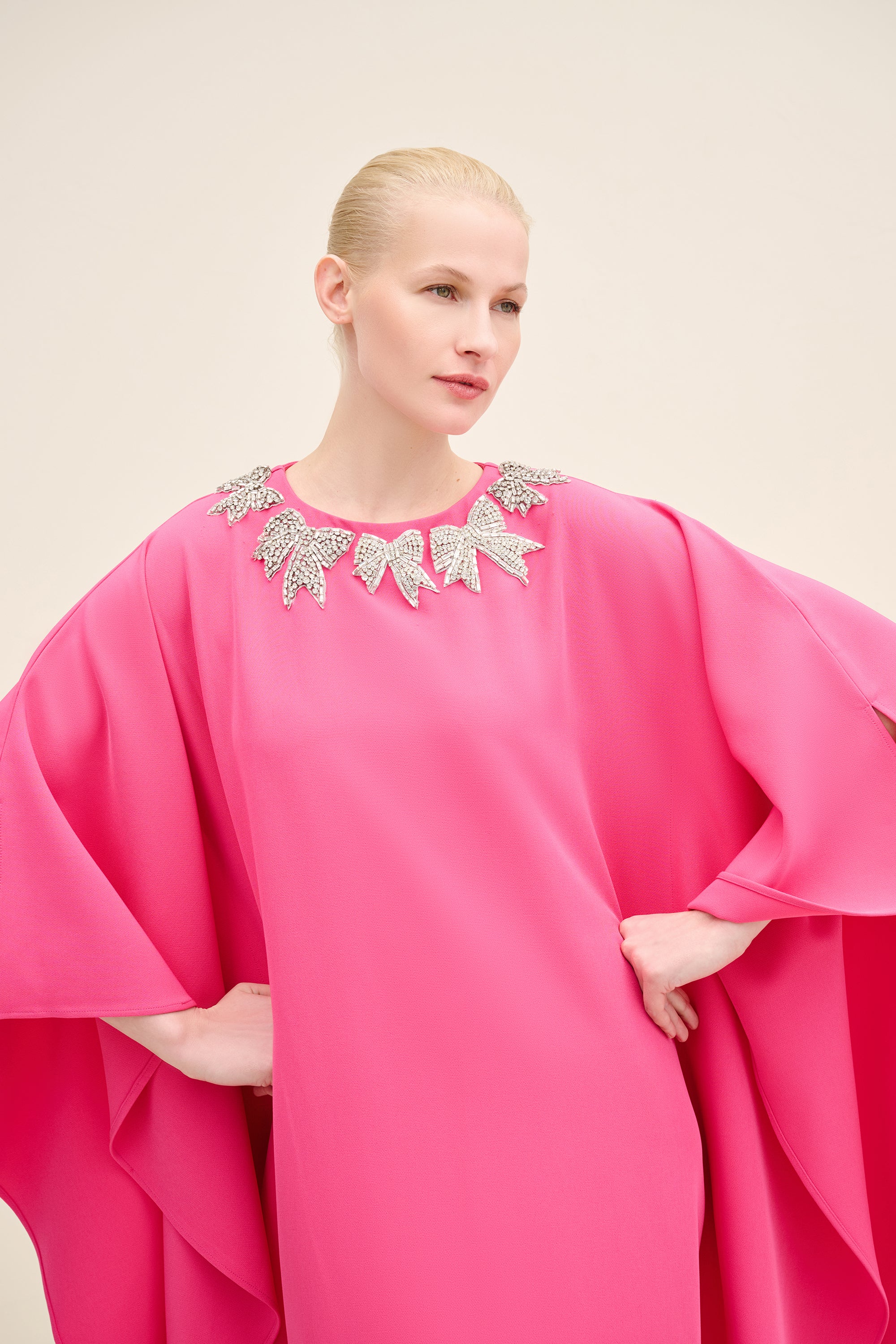 Bow Embellished-Neck Kaftan Gown