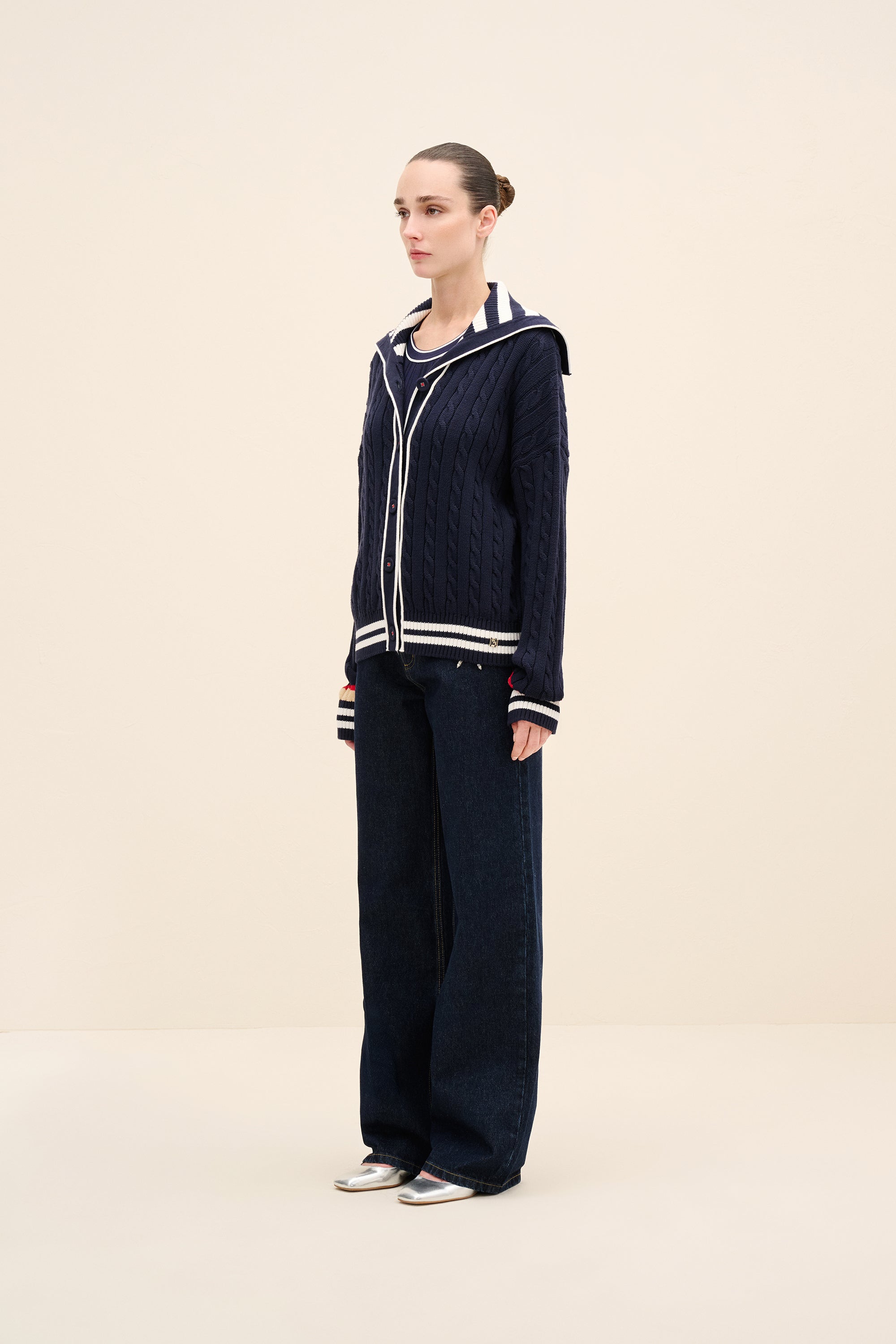 Striped Collar Cable-Knit Cotton Cardigan – NEAN