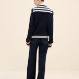 Striped Collar Cable-Knit Cotton Cardigan