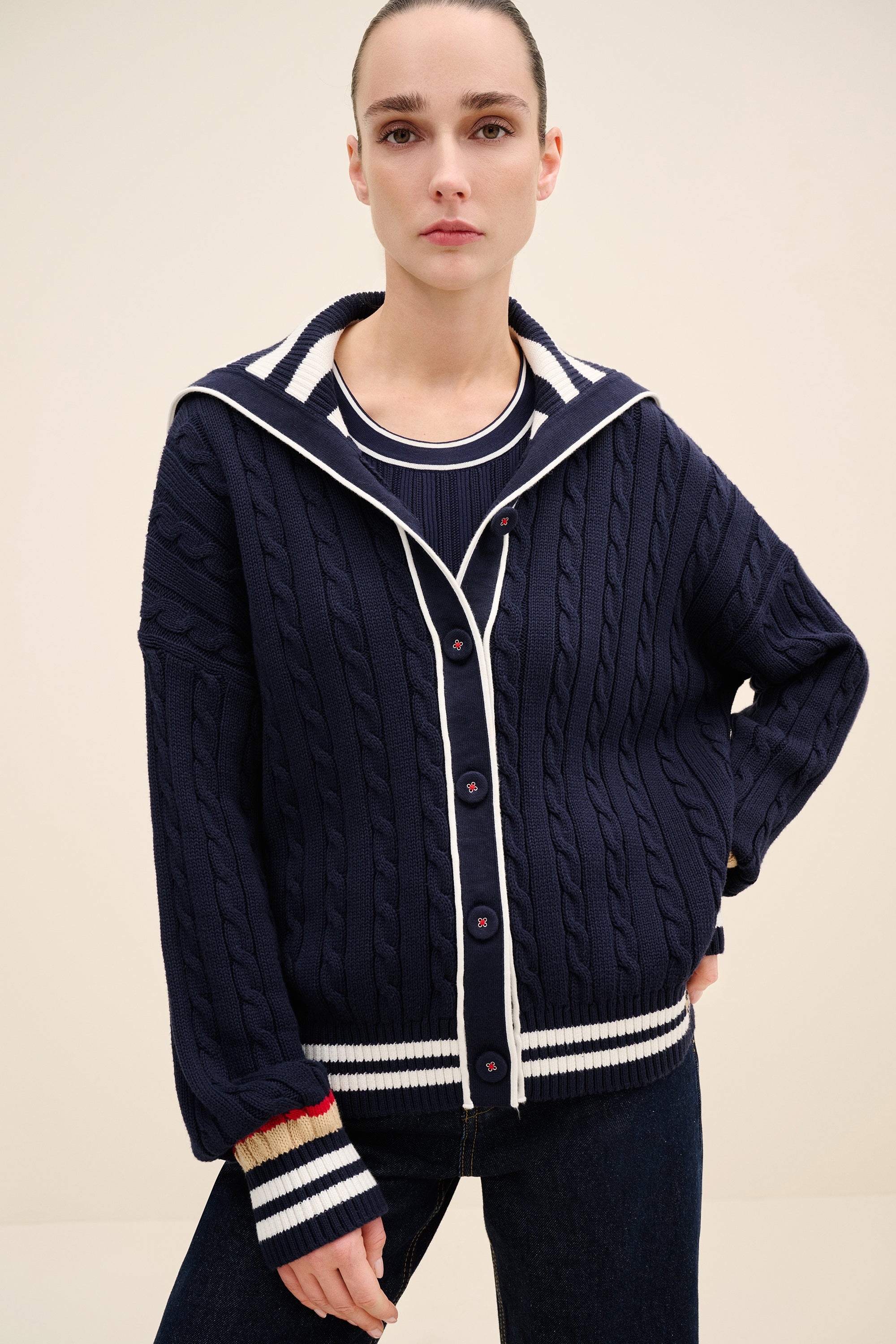 Striped Collar Cable-Knit Cotton Cardigan – NEAN