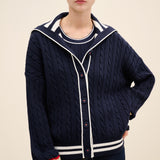 Striped Collar Cable-Knit Cotton Cardigan