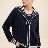 Striped Collar Cable-Knit Cotton Cardigan