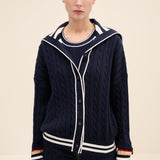 Striped Collar Cable-Knit Cotton Cardigan