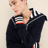 Striped Collar Cable-Knit Cotton Cardigan