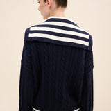 Striped Collar Cable-Knit Cotton Cardigan