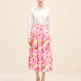 High-Rise Pleated Printed Poplin Midi Skirt