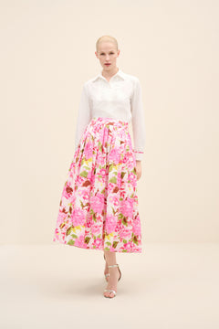 High-Rise Pleated Printed Poplin Midi Skirt