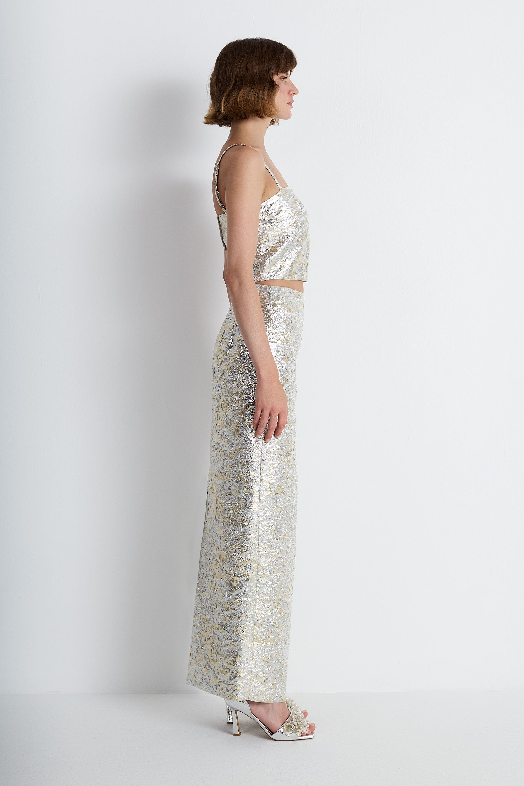 Nean Metallic Jacquard Maxi Skirt
 Silver
