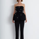 Nean Strapless Pearl-Embellished Peplum Top Black