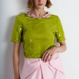 Nean Sequin Floral Collar Top Light Green