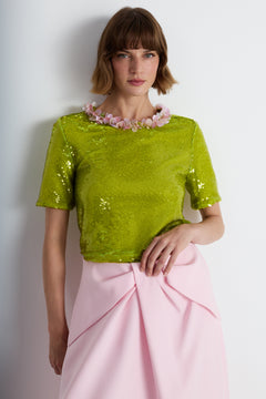 Nean Sequin Floral Collar Top Light Green
