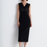 Nean Pleated Satin Panel Midi Dress Black