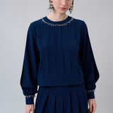 Embellished-Neck Pleated Blouse