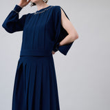 Embellished-Neck Pleated Blouse