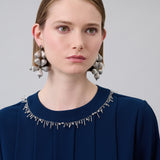 Embellished-Neck Pleated Blouse