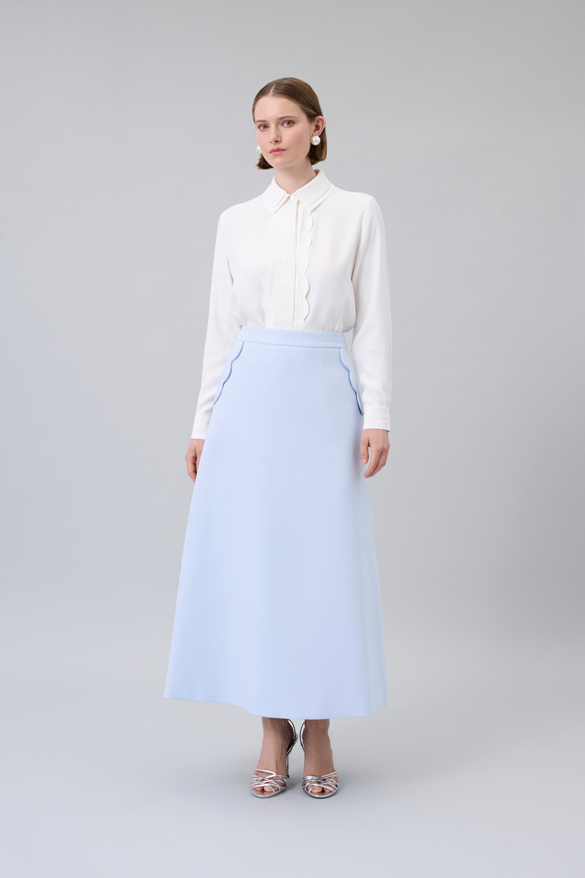 Scalloped-Pocket Midi Skirt