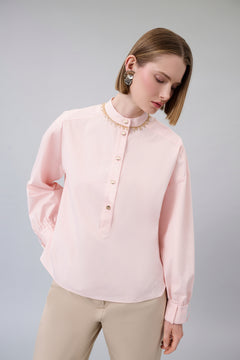 Embellished-Neck Cotton Blouse