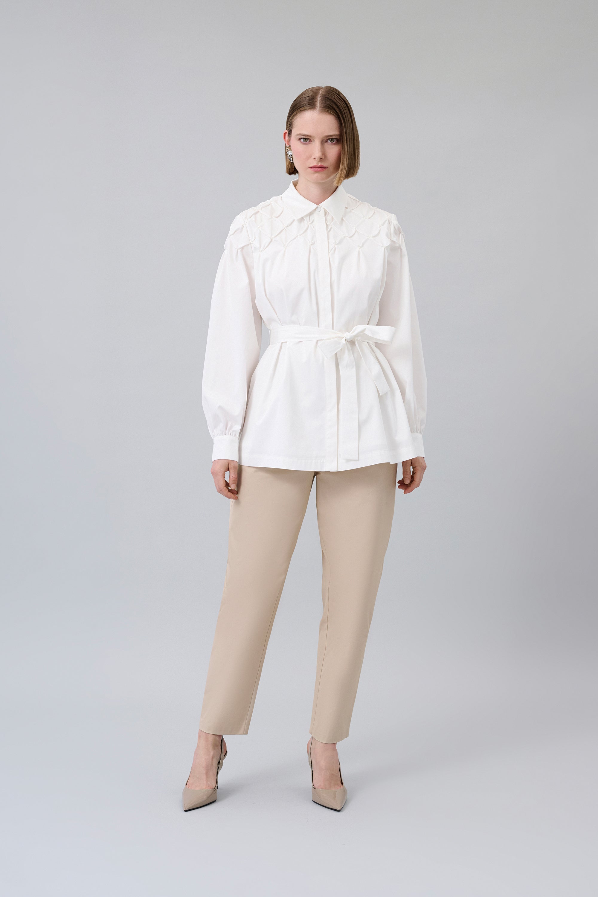 Smocked-Yoke Belted Shirt