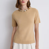 Nean Embellished Neckline Tricot Top
 Beige