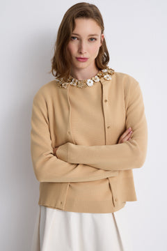 Nean Embellished Neckline Tricot Cardigan
 Beige